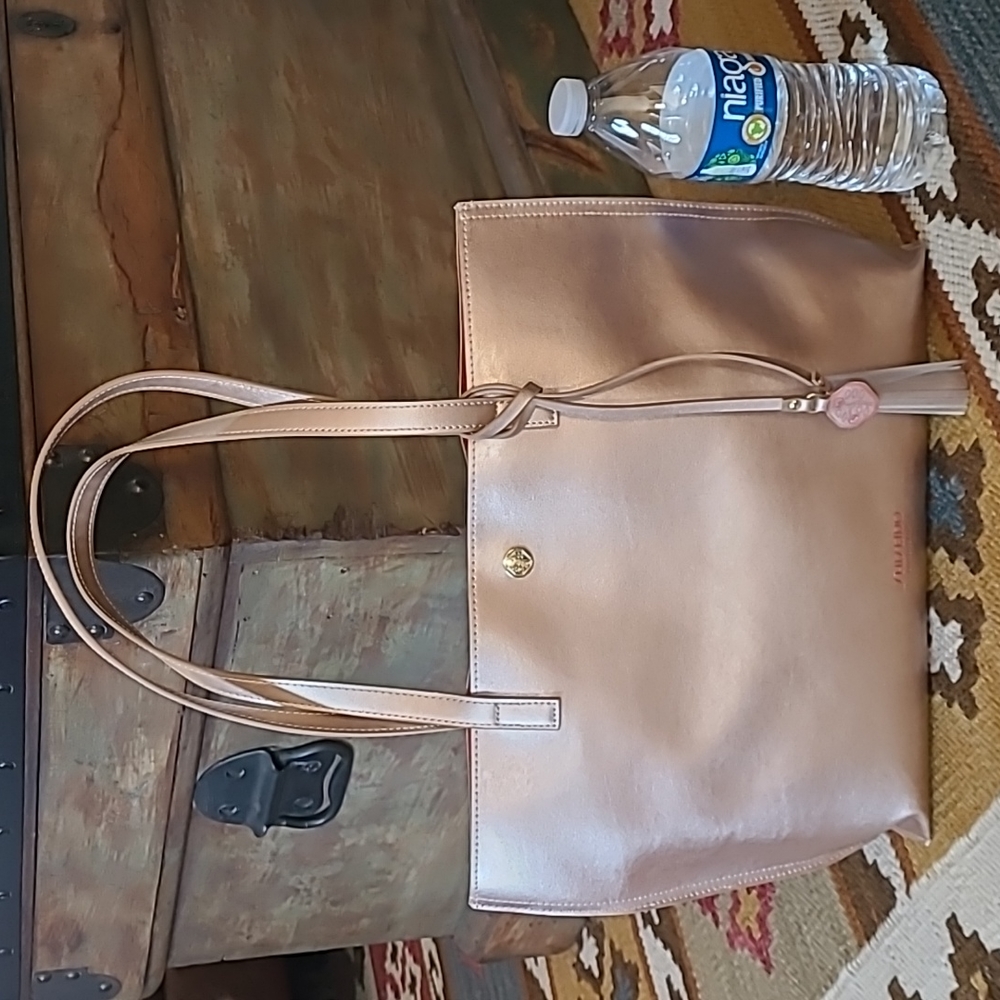 Shiseido Rose Gold Tone Leather Shoulder Tote Soft Lightweight
